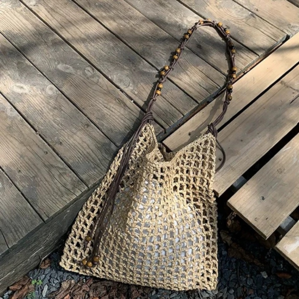 Woven Bag & Cord Tassels. Beaded Strap with 2 Tassels on each side. NWOT